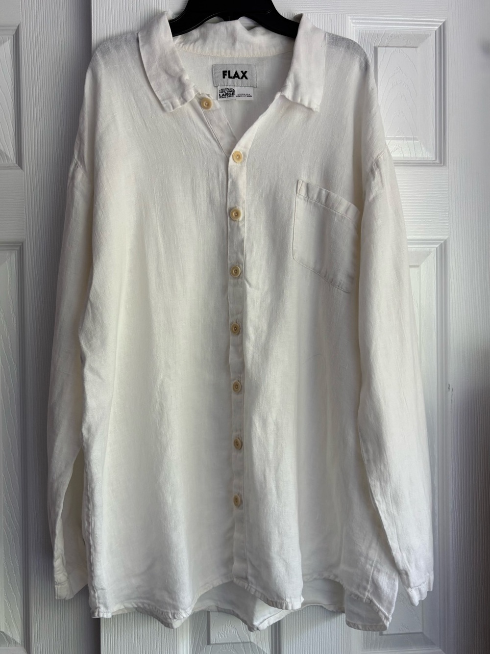 Flax Unisex Oversized Ivory Linen Button-Up Shirt Relaxed Fit Collared (Mens L)